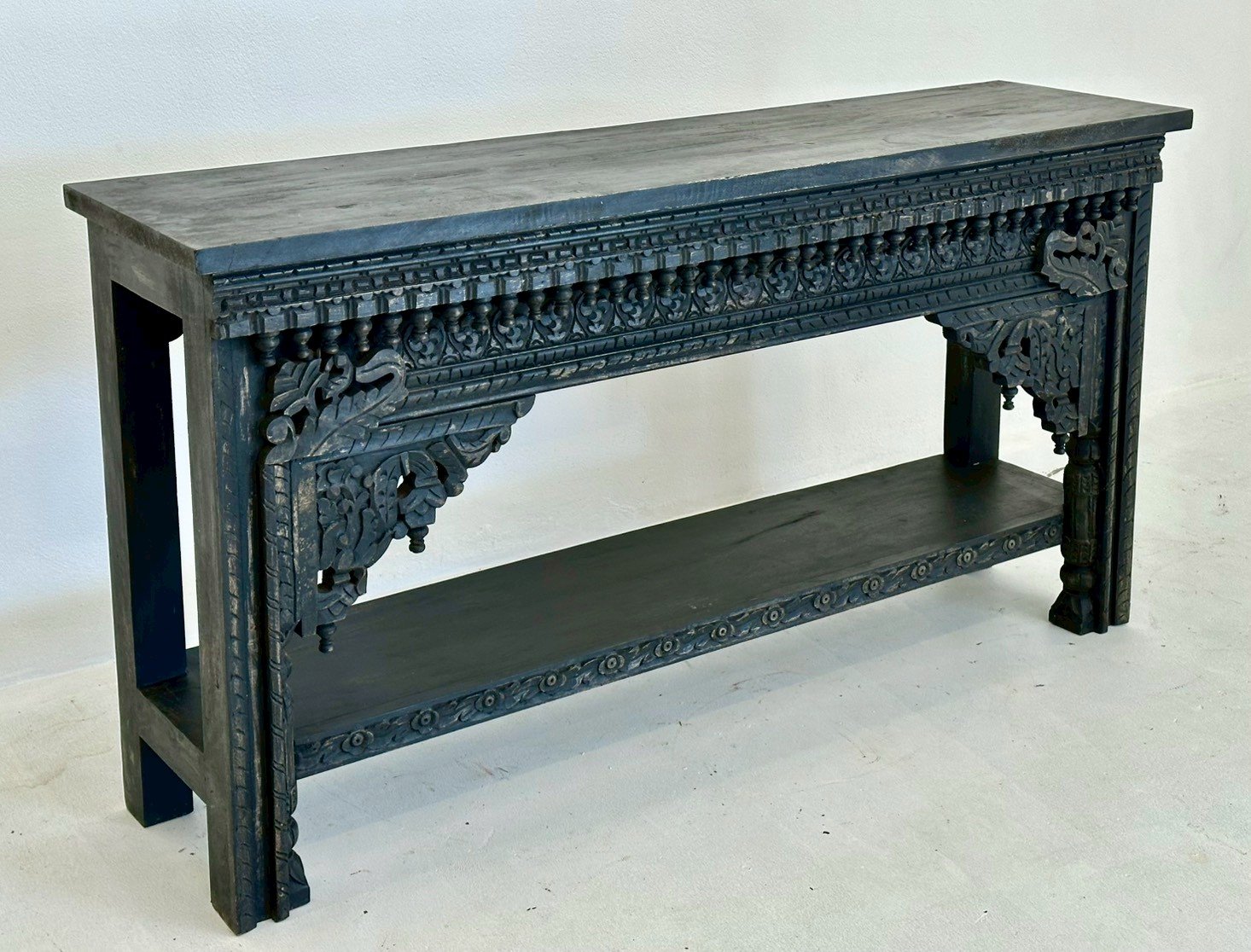 Dark Wood Console Table – Dark Consoles Table with Carved Brackets and Shelf W150 x D38 x H80 cm - RIVO HOMES