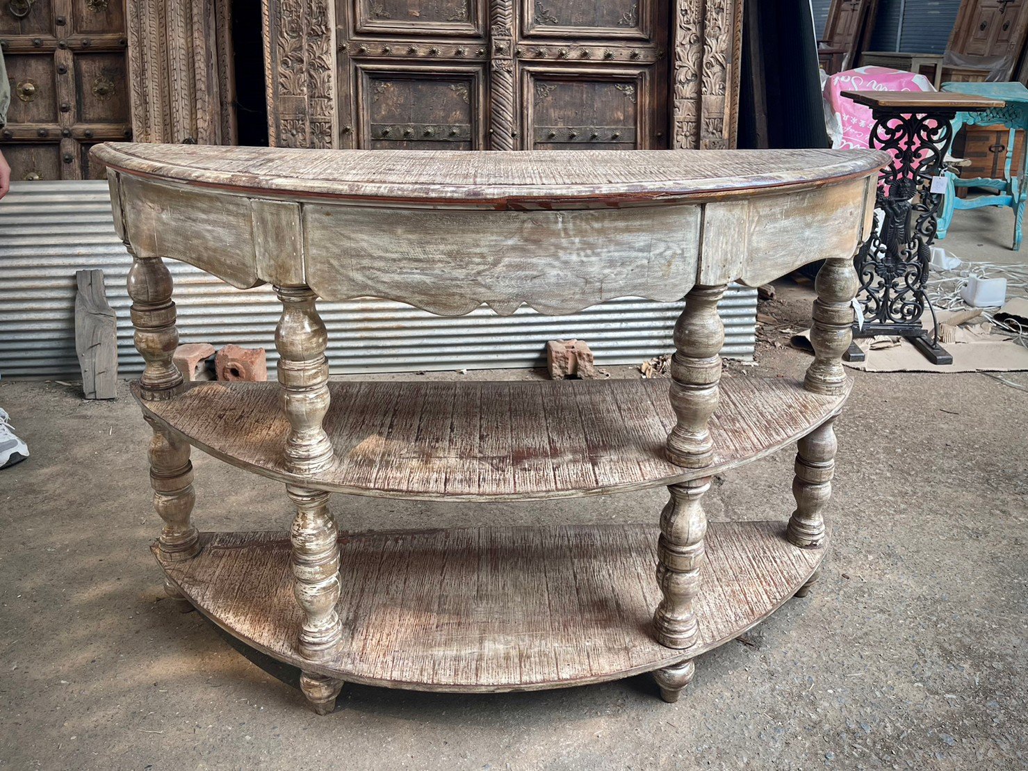 Demilune Three-Tier Console Table – Half Circle Console Table with Distressed Wood Finish W107 x D42 x H75 cm - RIVO HOMES