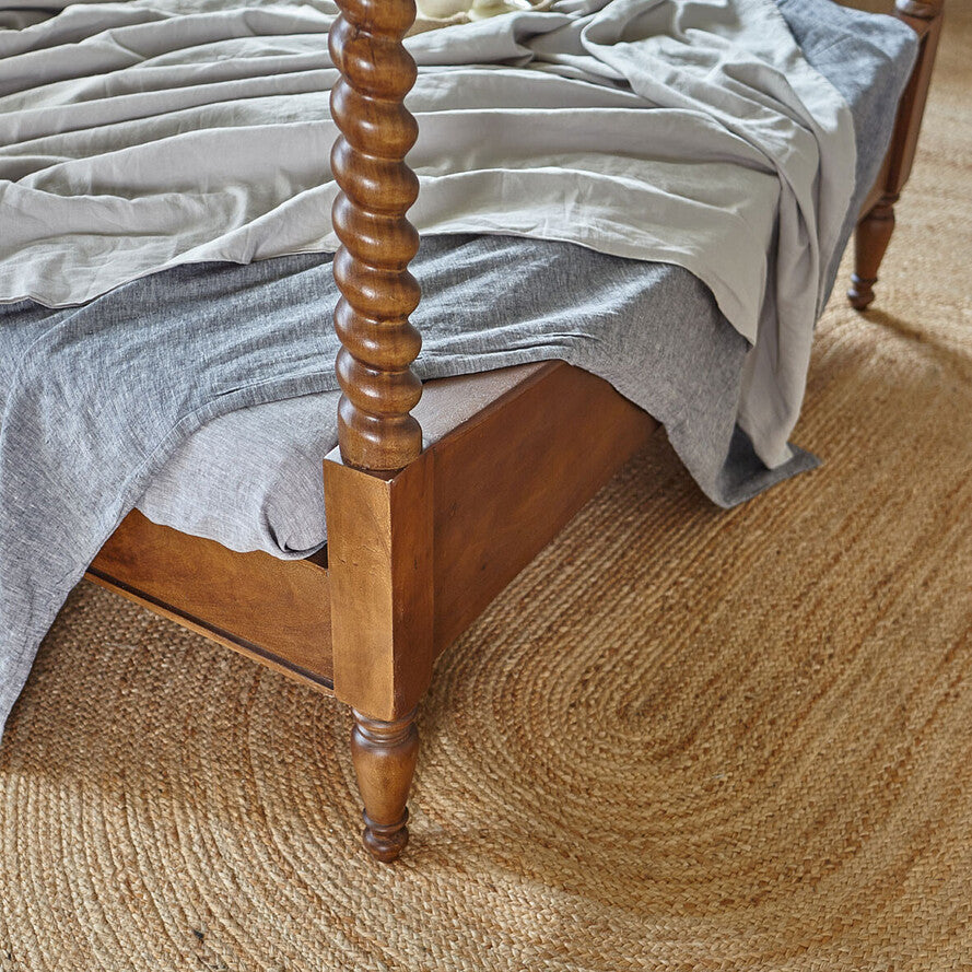 Mango Wood & Rattan Canopy Bed - Handcrafted 160cm Four Poster Bed with Cane Headboard