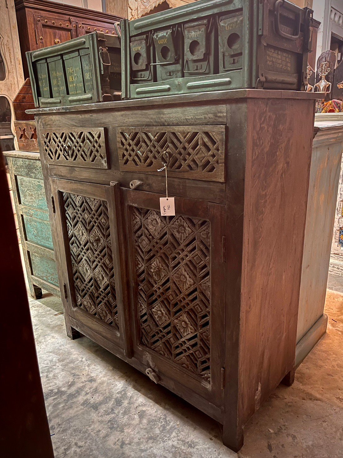 Diagonal Mesh Two-Door Cabinet – Perforated Door Cabinet with Wooden Drawers W95 x D42 x H99 cm - RIVO HOMES