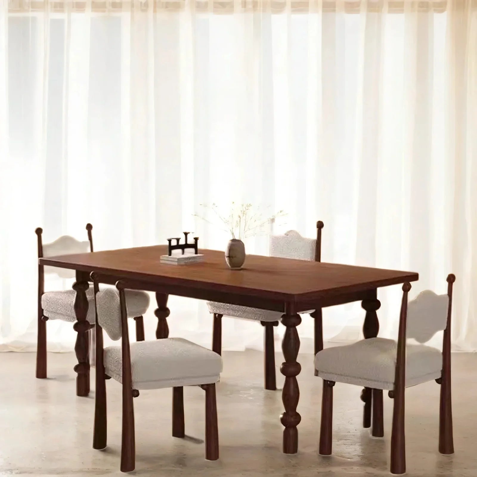 ModernaEra Mid Century Solid Wood Dining Set with Boucle Chairs – Versatile 4 & 6 Seater by RIVO HOMES