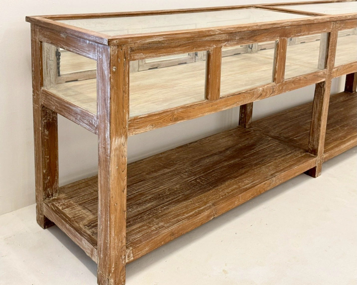 Display Glass Table – Extra-Long Jewelry Display Table with Rustic Wood Frame W307 x D65 x H99 cm - RIVO HOMES