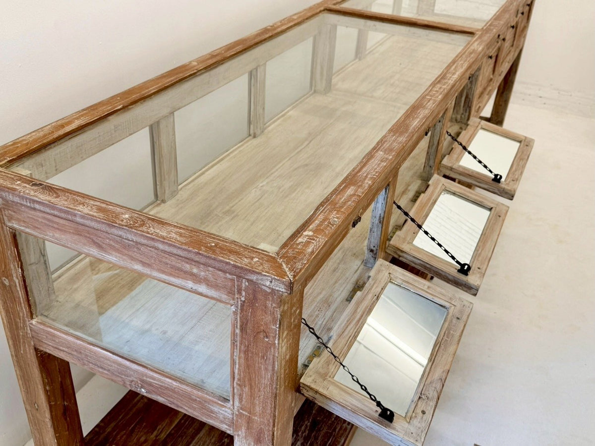 Display Glass Table – Extra-Long Jewelry Display Table with Rustic Wood Frame W307 x D65 x H99 cm - RIVO HOMES