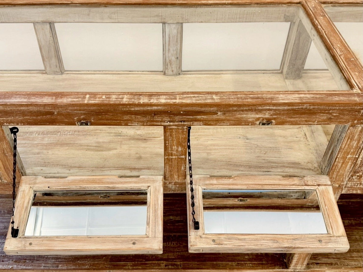 Display Glass Table – Extra-Long Jewelry Display Table with Rustic Wood Frame W307 x D65 x H99 cm - RIVO HOMES