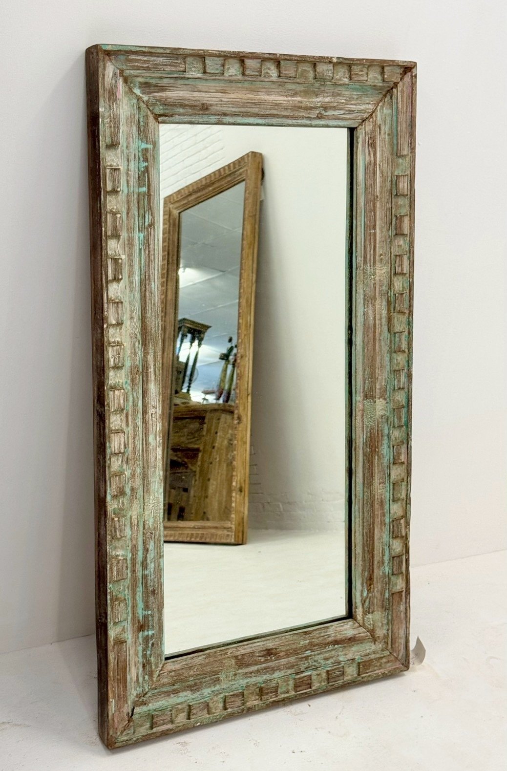 Distressed Old Wood Frame Mirror – Vintage Mirror Frame with Rustic Green-Gray FinishDistressed Old Wood Frame Mirror – Vintage Mirror Frame with Rustic Green-Gray Finish - RIVO HOMES