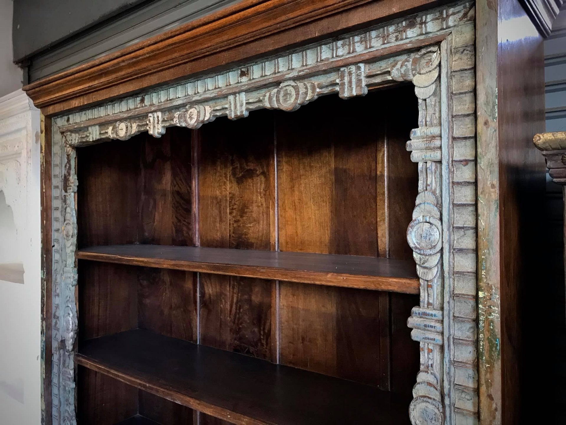 distressed blue hutch