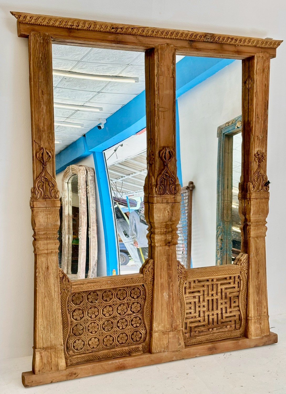 Double Frame Mirror – Large Mirror Frame with Hand-Carved Jali Wood Design W175 x D4 x H203 cm - RIVO HOMES