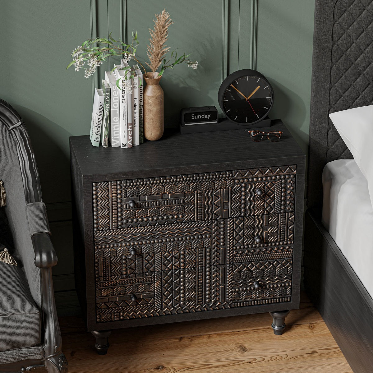 DecoRelic Antique Black Mango Wood Bedside Dresser – Vintage 3-Drawer, Handcrafted by RIVO HOMES