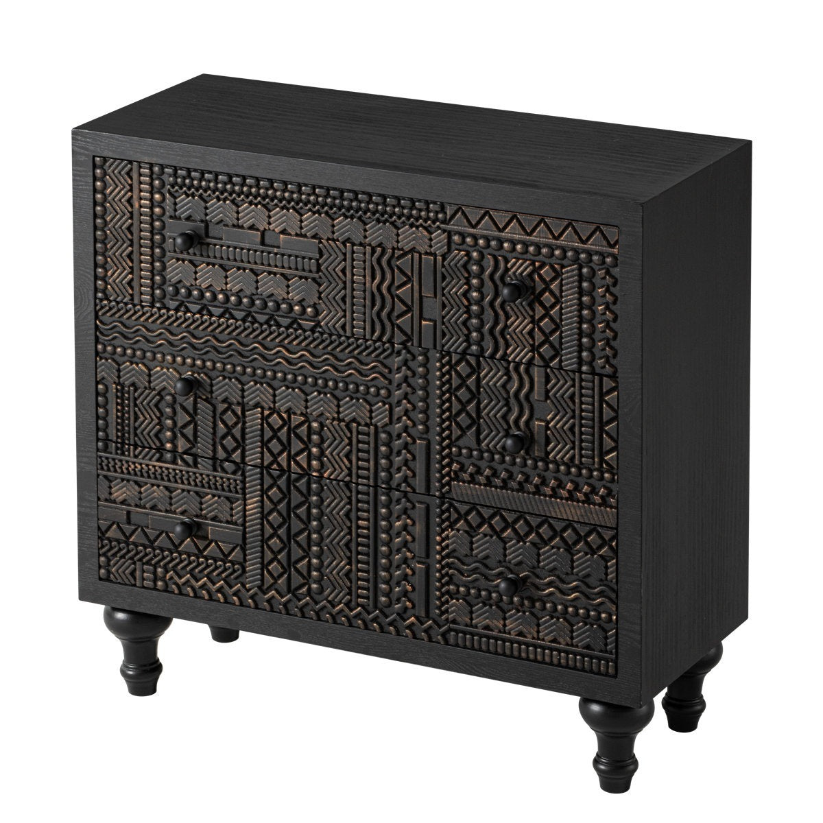 DecoRelic Antique Black Mango Wood Bedside Dresser – Vintage 3-Drawer, Handcrafted by RIVO HOMES