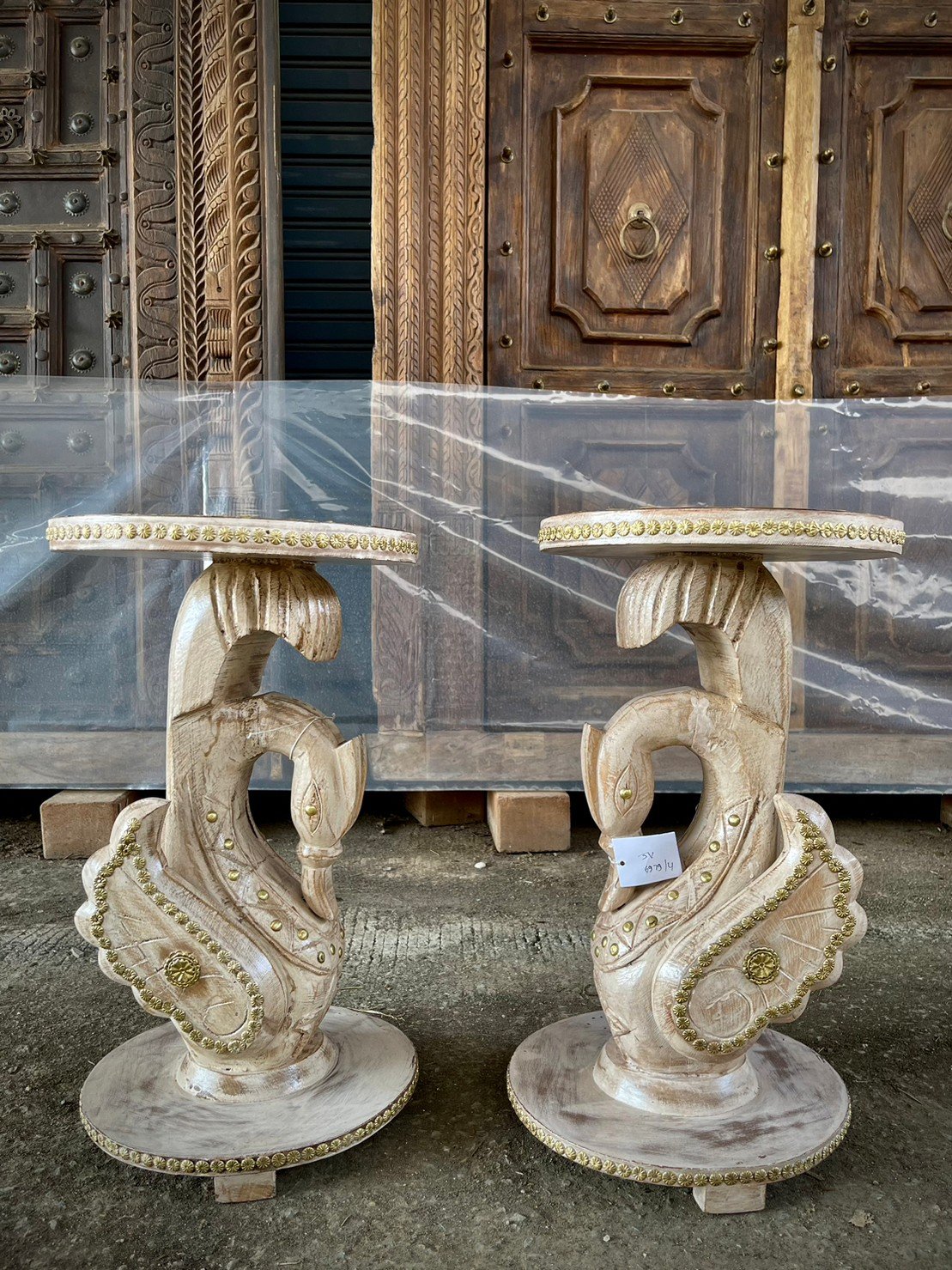 Dual Hand Carved Swan Side Table Set – White Swan Tables with Brass Accents W30 x D30 x H54 cm - RIVO HOMES