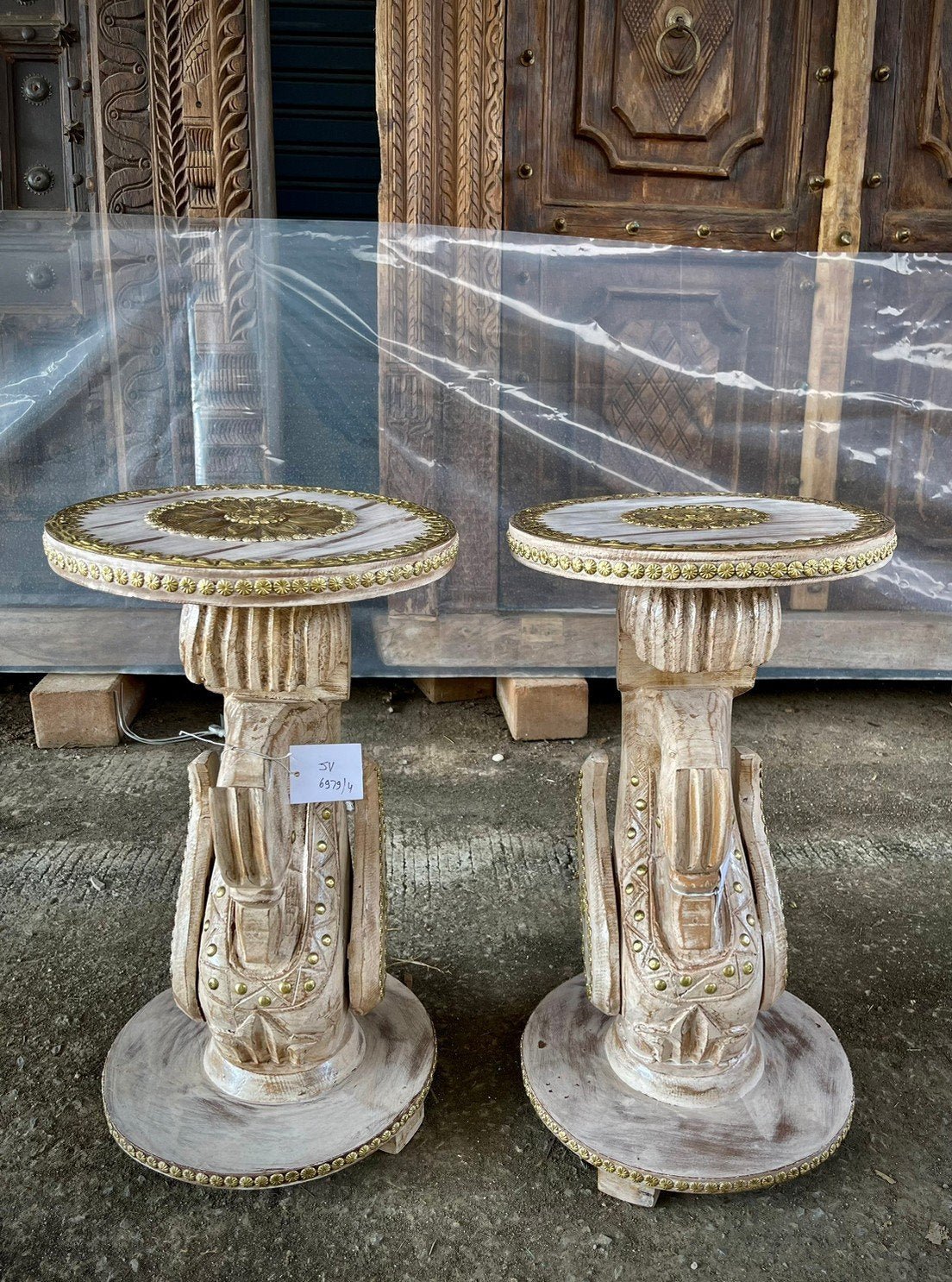 Dual Hand Carved Swan Side Table Set – White Swan Tables with Brass Accents W30 x D30 x H54 cm - RIVO HOMES