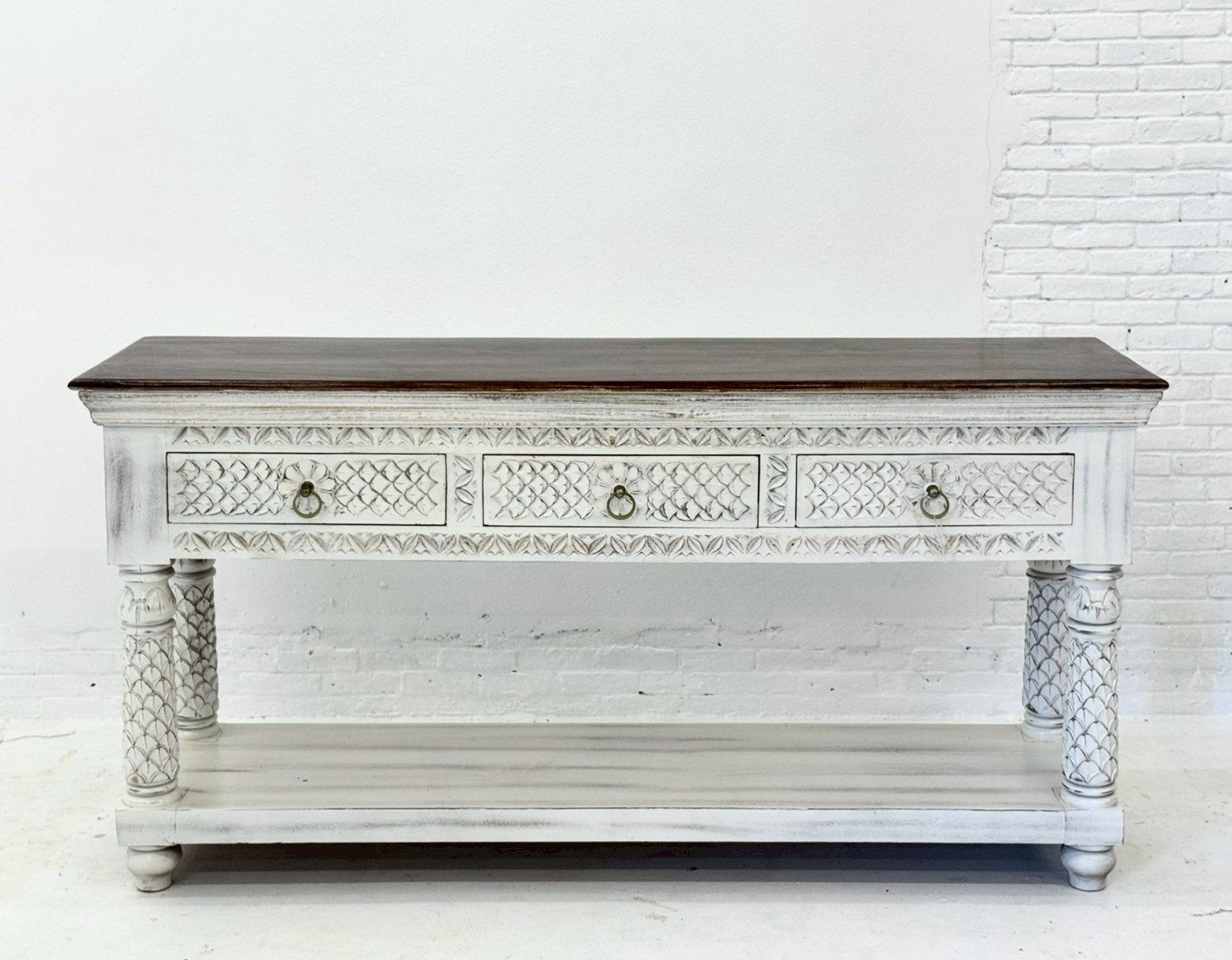 Dual Tone Console Table – White Console Table with Dark Wood Top and Lattice Drawers W150 x D40 x H75 cm - RIVO HOMES