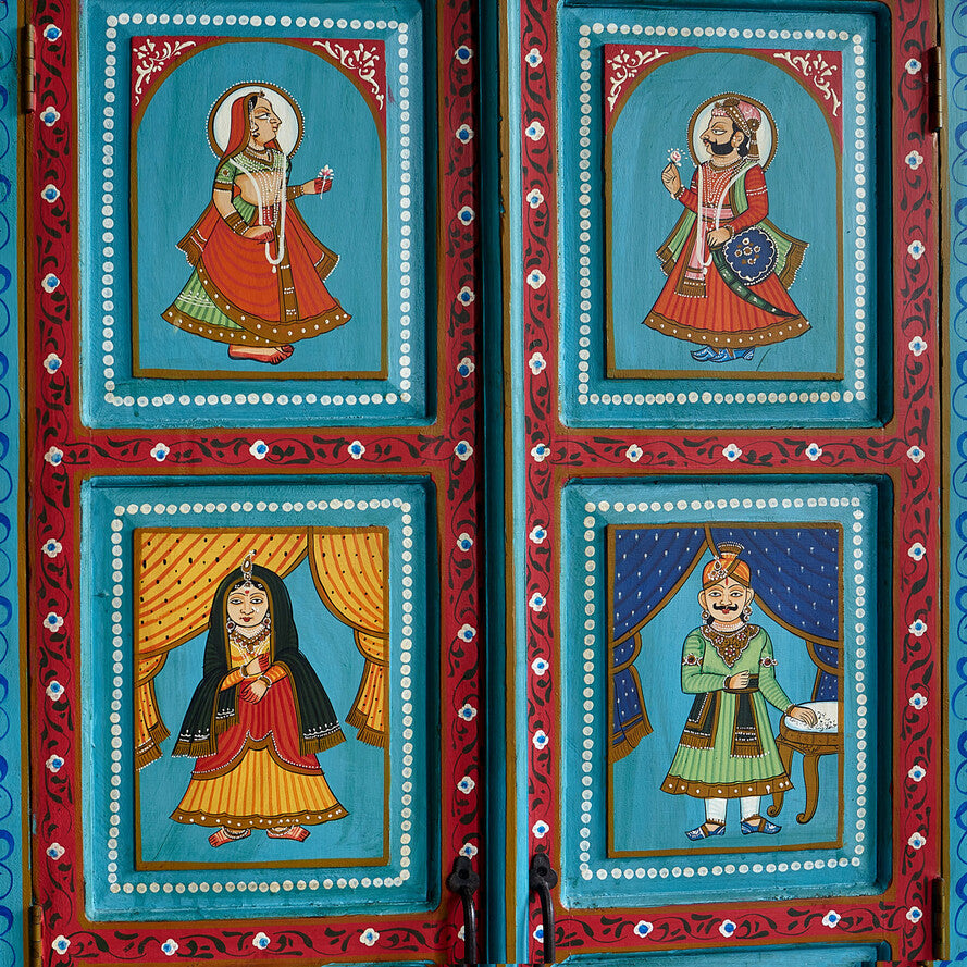 Four framed illustrations of people in traditional attire on a decorative background.