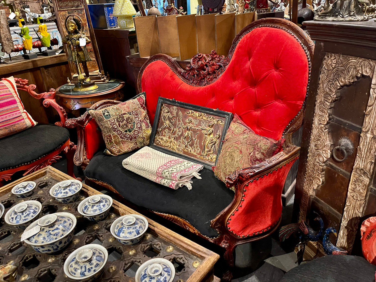 Empress Red Velvet Sofa – Luxury Velvet Sofa with French Vintage Rococo Carvings W145 x D80 x H122 cm - RIVO HOMES