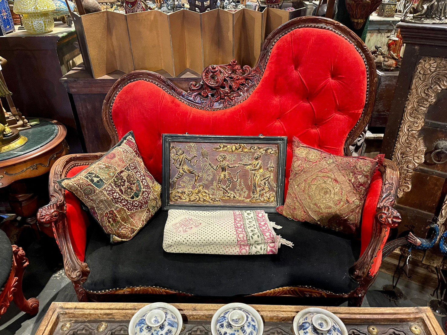 Empress Red Velvet Sofa – Luxury Velvet Sofa with French Vintage Rococo Carvings W145 x D80 x H122 cm - RIVO HOMES