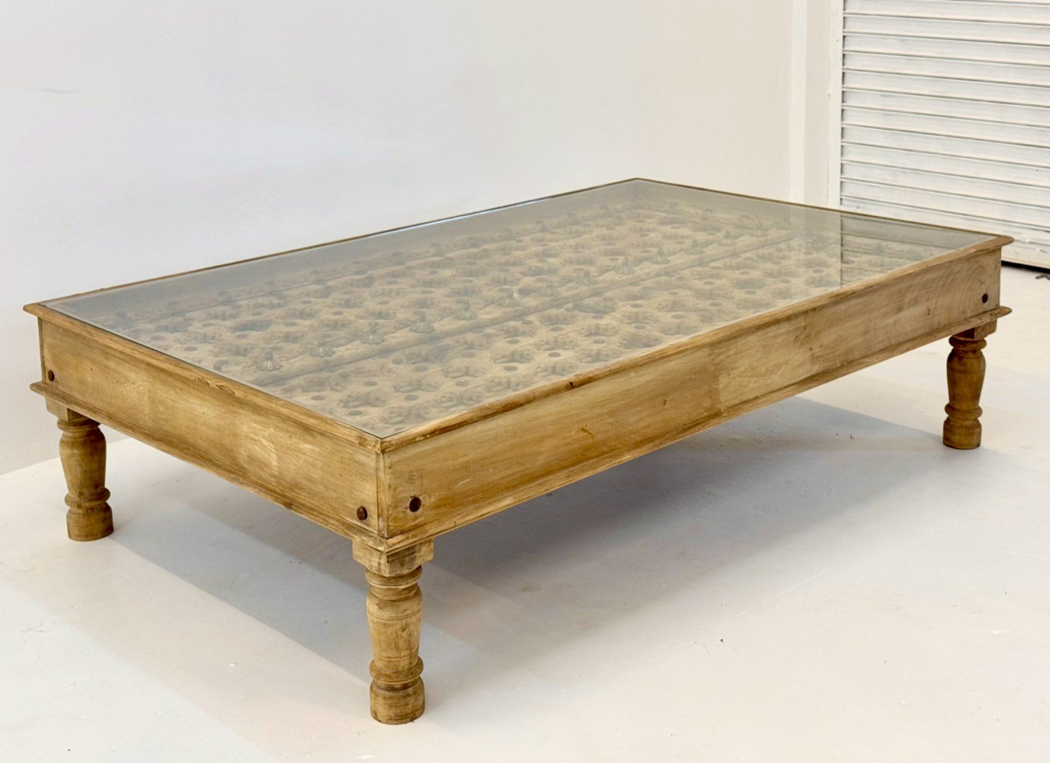 Estate Antique Coffee Table – 173 cm Rectangular Low-Set Table with Weathered Wood Finish, Turned Column Legs, Paneled Border - RIVO HOMES