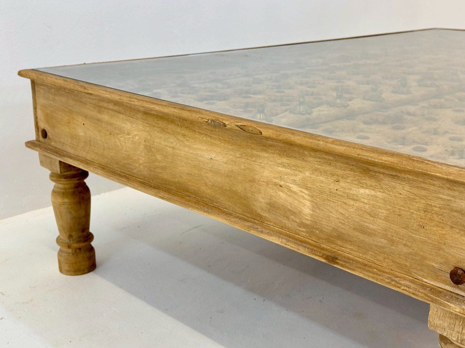 Estate Antique Coffee Table – 173 cm Rectangular Low-Set Table with Weathered Wood Finish, Turned Column Legs, Paneled Border - RIVO HOMES