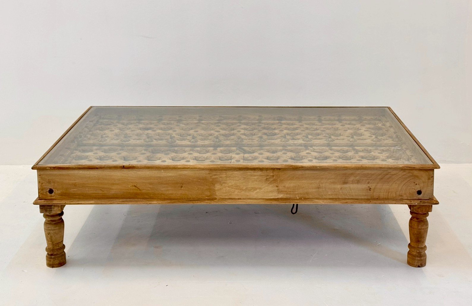 Estate Antique Coffee Table – 173 cm Rectangular Low-Set Table with Weathered Wood Finish, Turned Column Legs, Paneled Border - RIVO HOMES