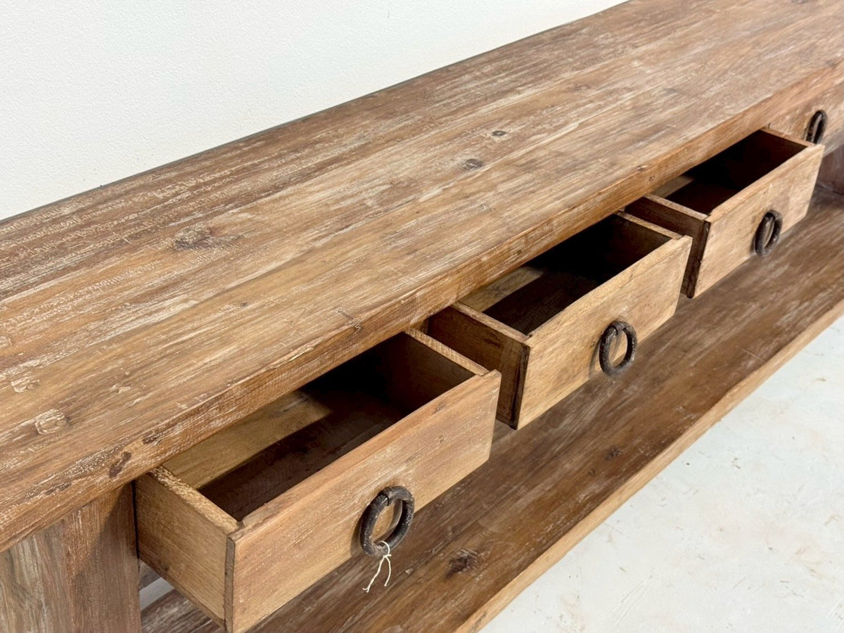 Extra Long Six Drawers Console Table – Large Storage Wooden Console Table with Rustic FinishW300 x D40 x H88 cm - RIVO HOMES