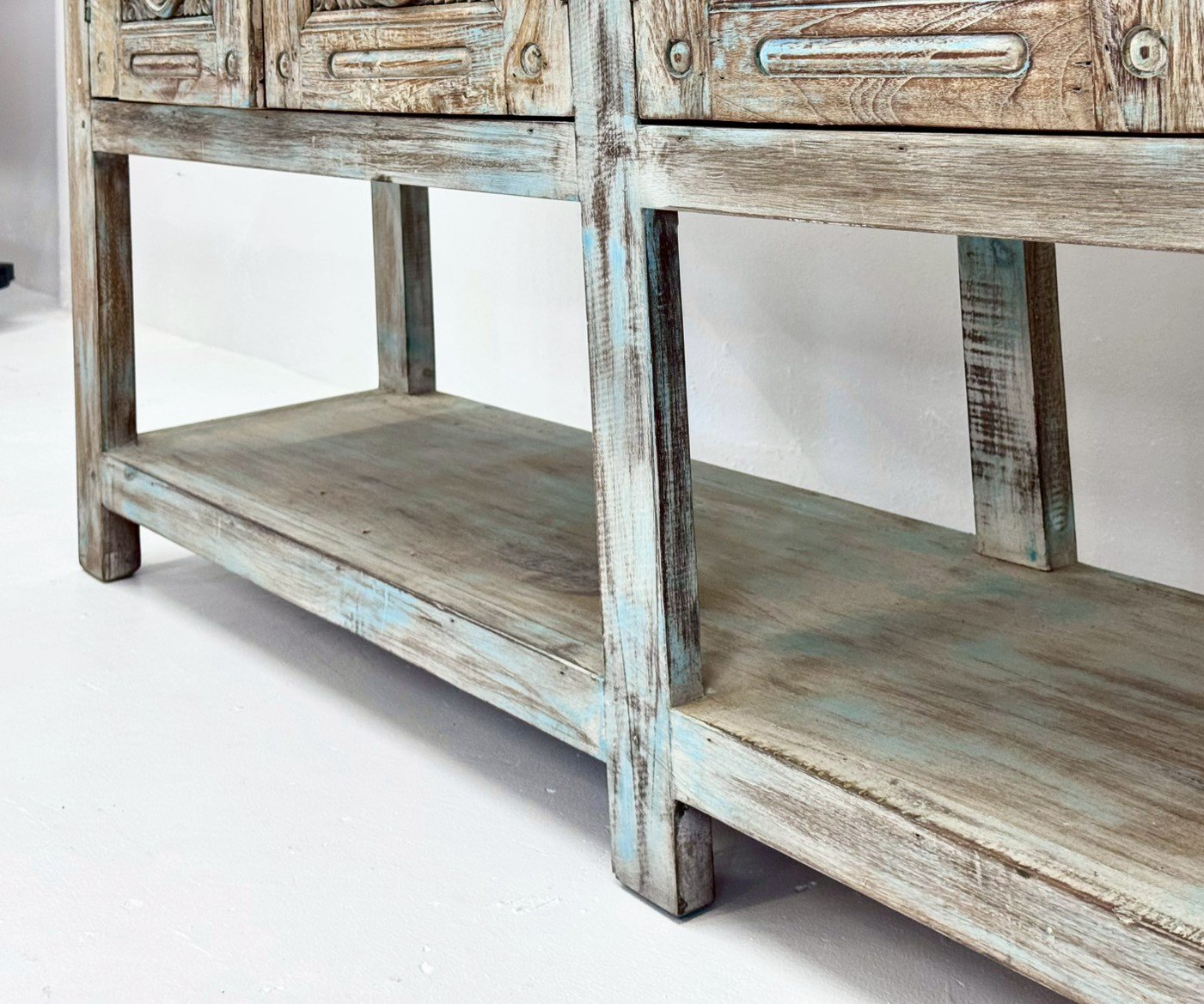 Fabel High Cabinet – 4-Door Mango Wood Buffet with Carved Panels, High-Leg Frame, Open Shelving, 181 × 115 cm for Dining Rooms & Entryways - RIVO HOMES