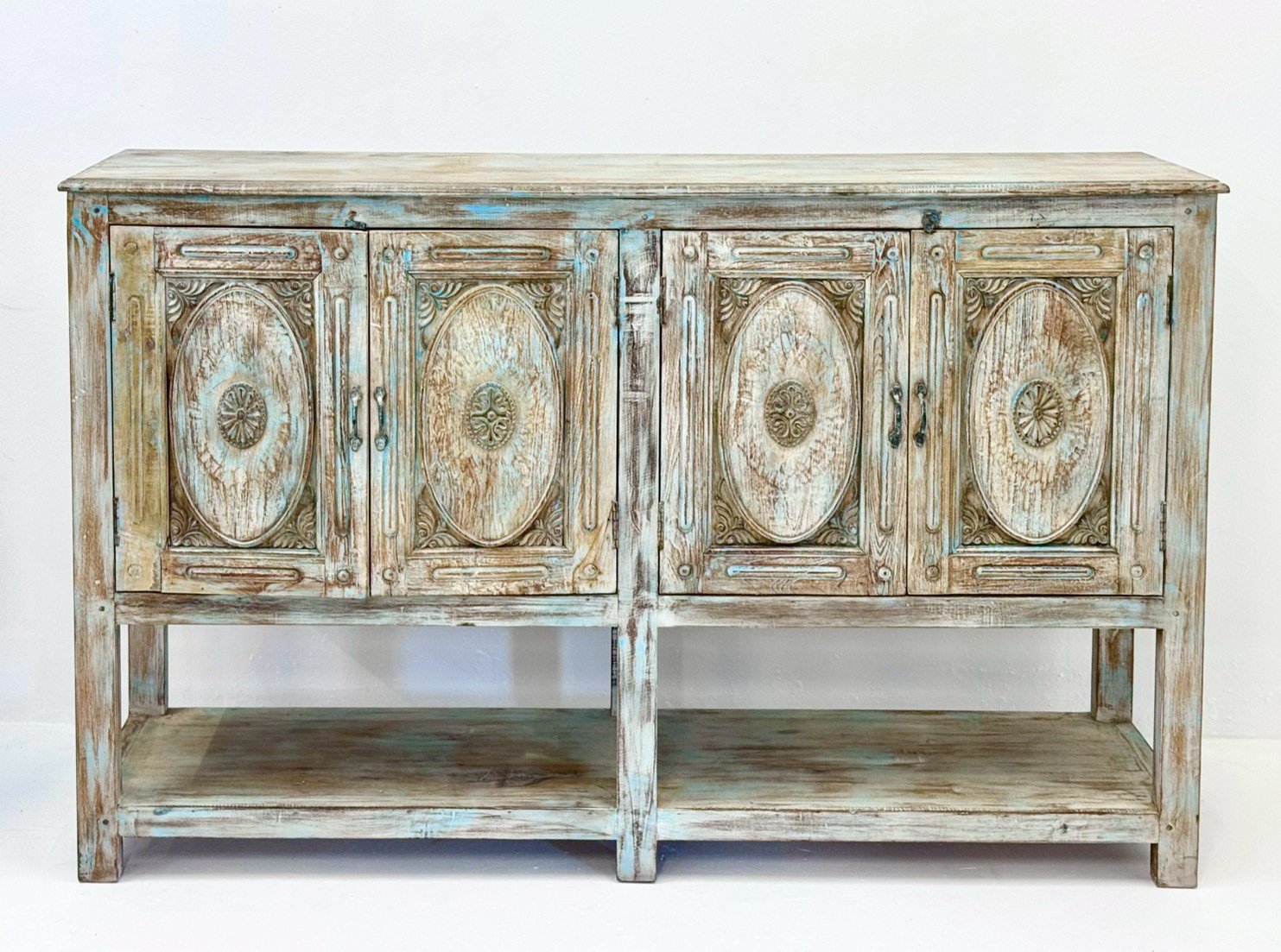 Fabel High Cabinet – 4-Door Mango Wood Buffet with Carved Panels, High-Leg Frame, Open Shelving, 181 × 115 cm for Dining Rooms & Entryways - RIVO HOMES