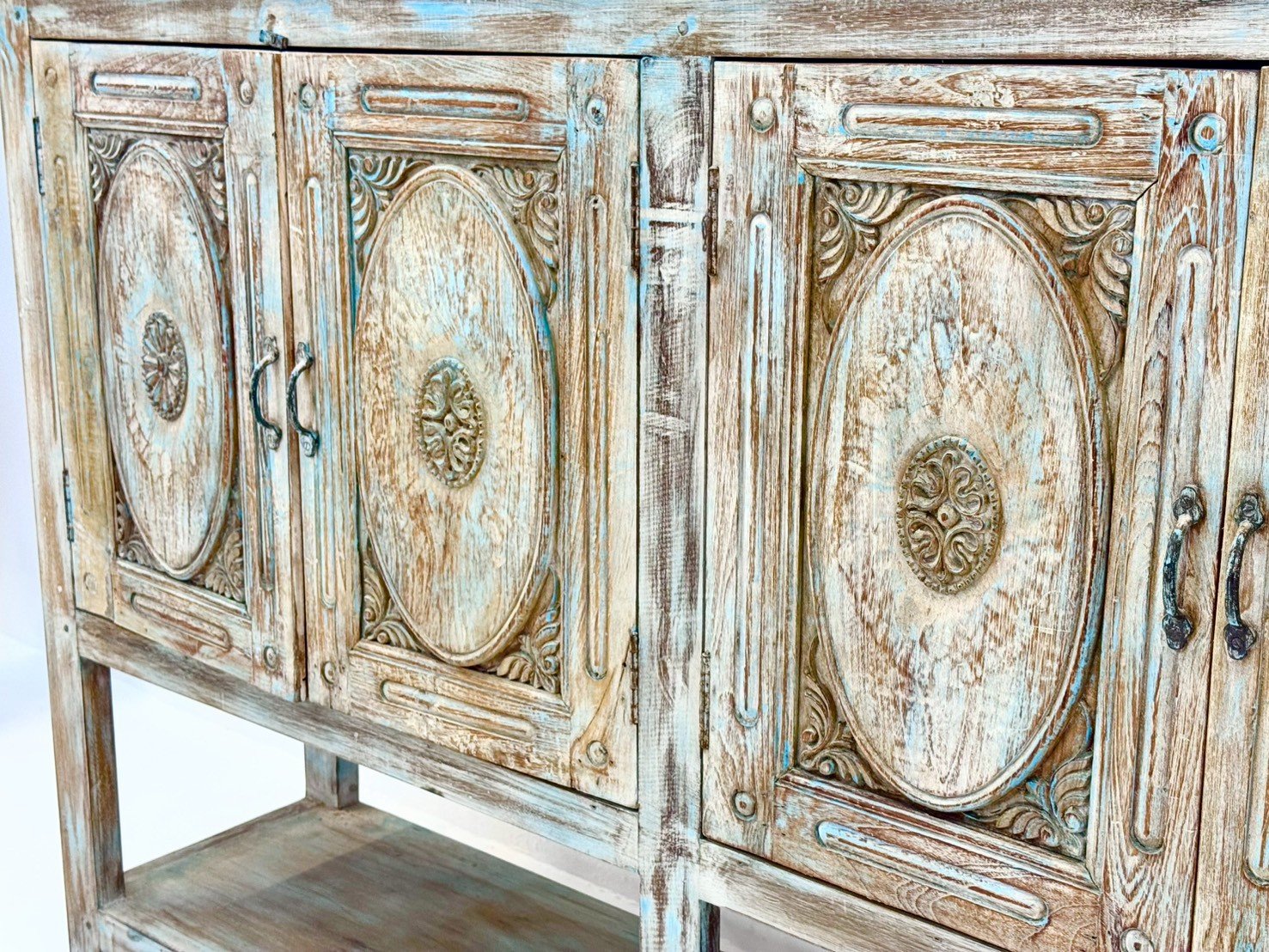 Fabel High Cabinet – 4-Door Mango Wood Buffet with Carved Panels, High-Leg Frame, Open Shelving, 181 × 115 cm for Dining Rooms & Entryways - RIVO HOMES