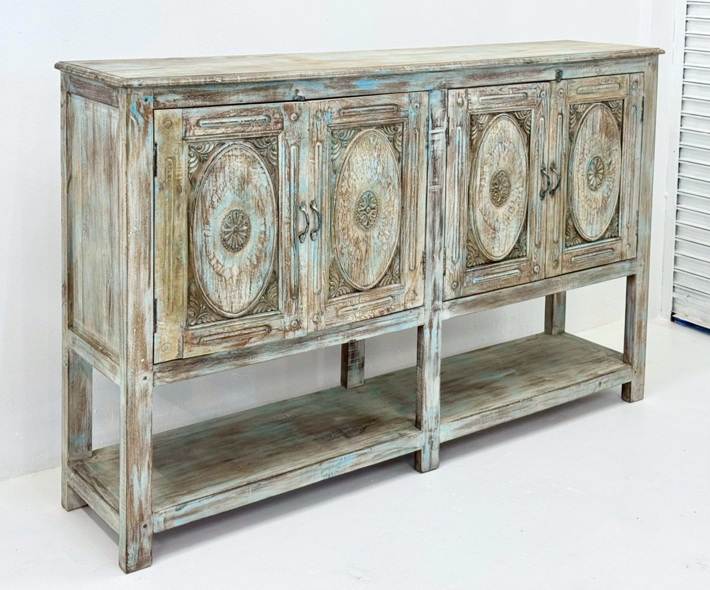 Fabel High Cabinet – 4-Door Mango Wood Buffet with Carved Panels, High-Leg Frame, Open Shelving, 181 × 115 cm for Dining Rooms & Entryways - RIVO HOMES