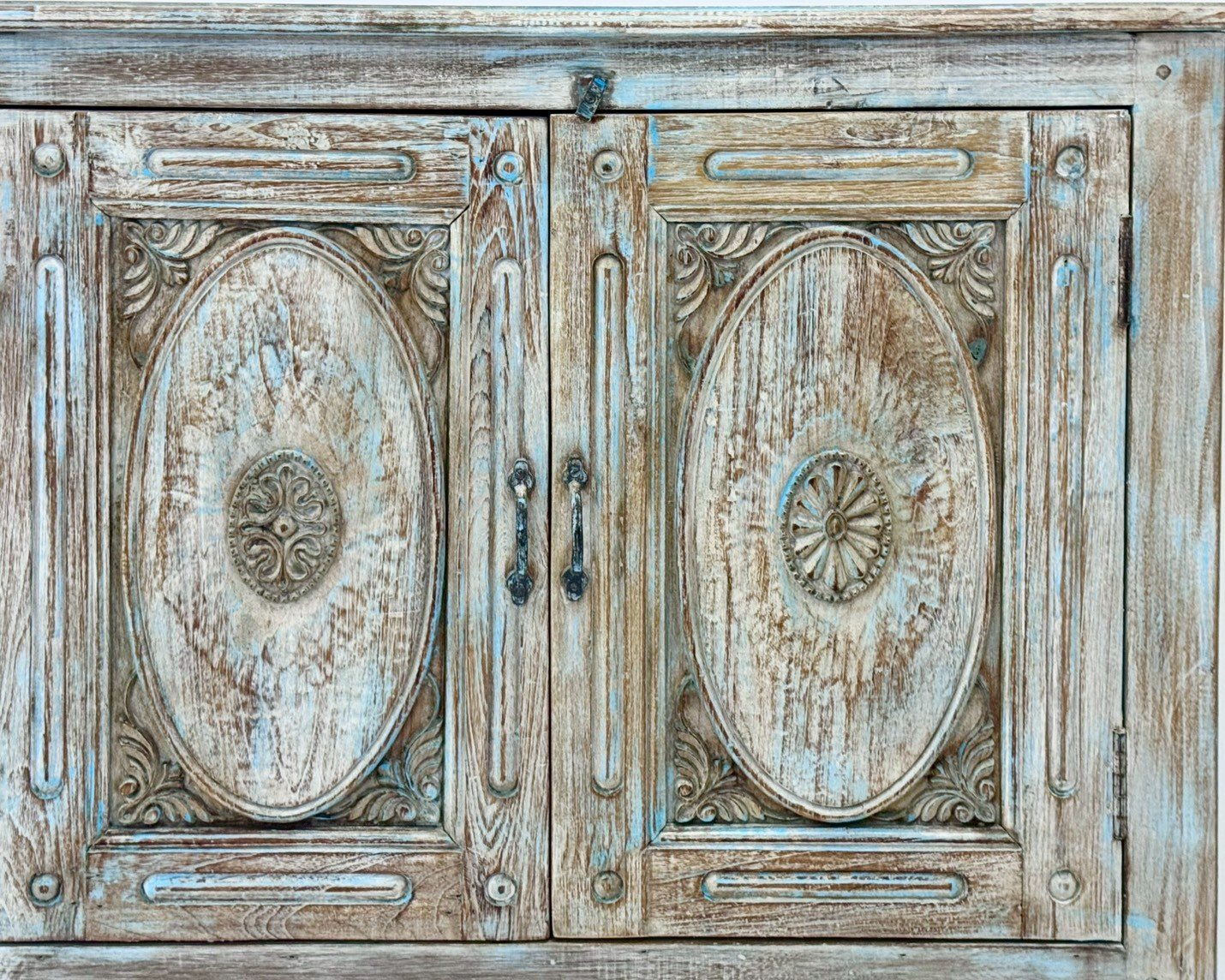 Fabel High Cabinet – 4-Door Mango Wood Buffet with Carved Panels, High-Leg Frame, Open Shelving, 181 × 115 cm for Dining Rooms & Entryways - RIVO HOMES