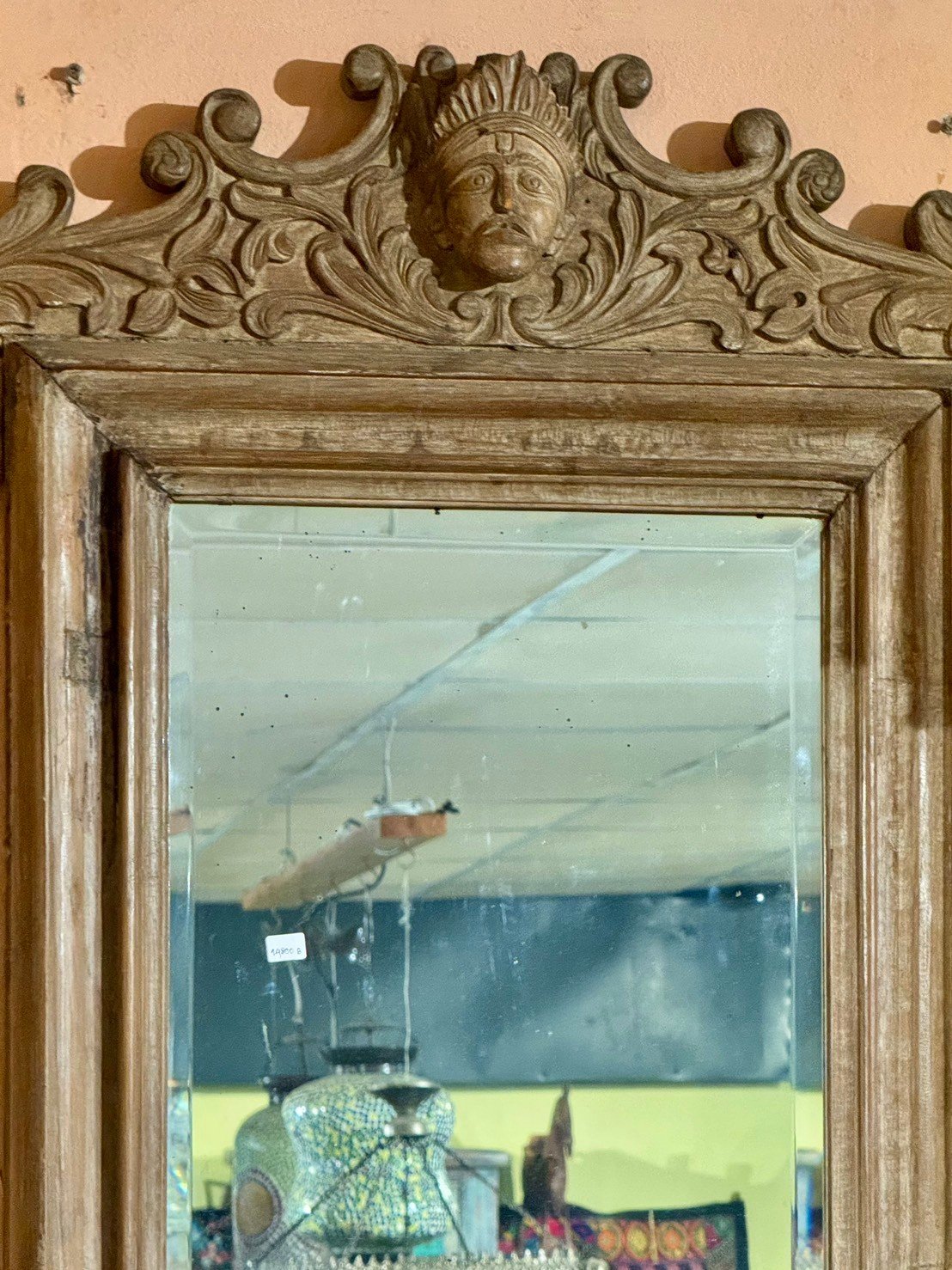 Face Carved Wooden Frame Mirror – Hanging Mirrors with Colonial Carved Crest W64 x D8 x H78 cm - RIVO HOMES