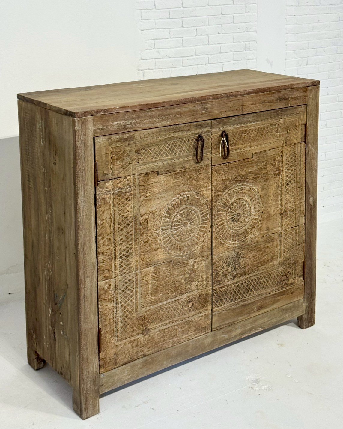 Faded Carved Doors Cabinet – Carved Storage Cabinet W102 x D41 x H98 cm - RIVO HOMES