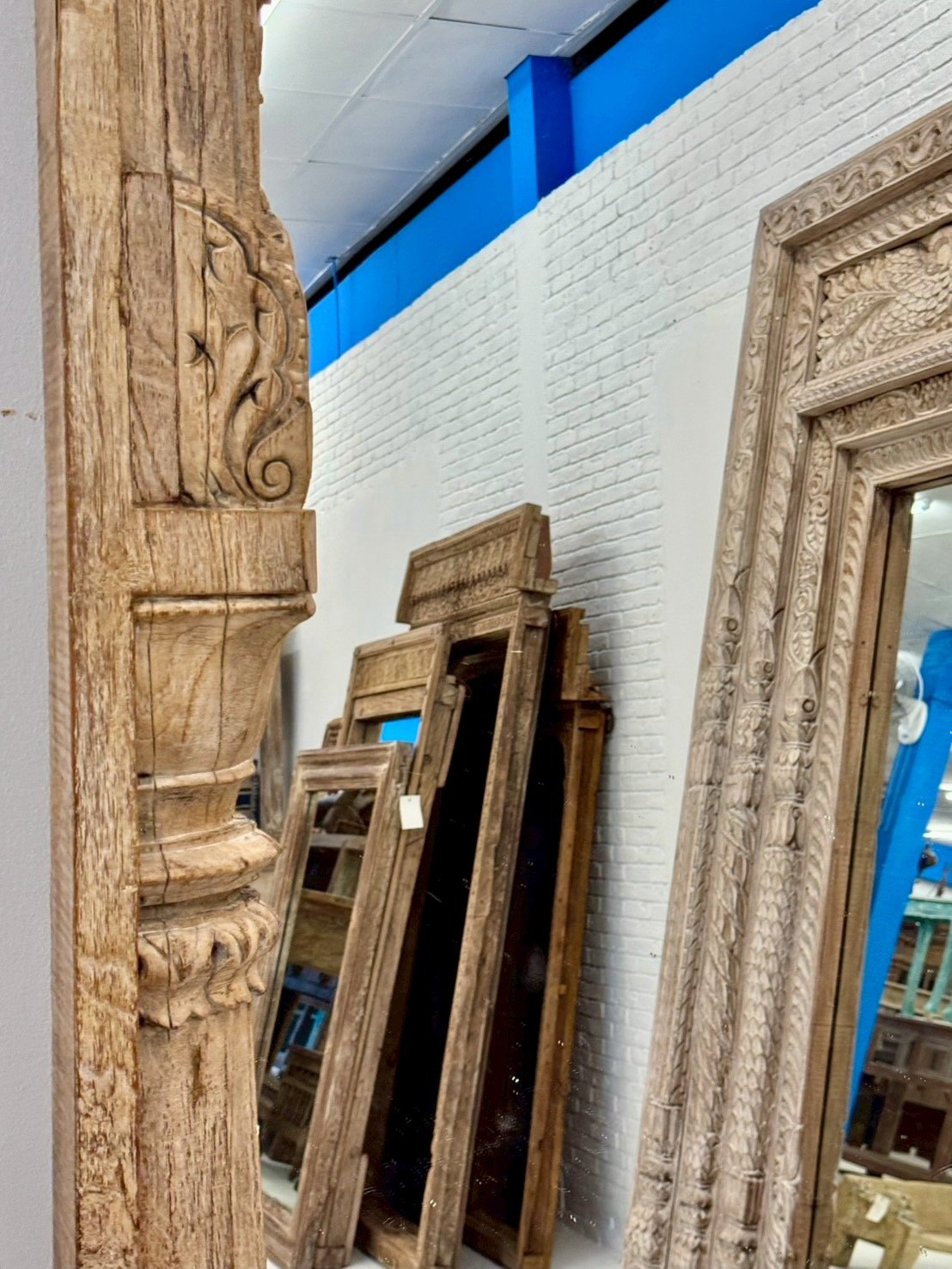 Floor Mirror with Hand Carved Wooden Frame – Grand Long Framed Mirror for House W104 x D13 x H228 cm - RIVO HOMES