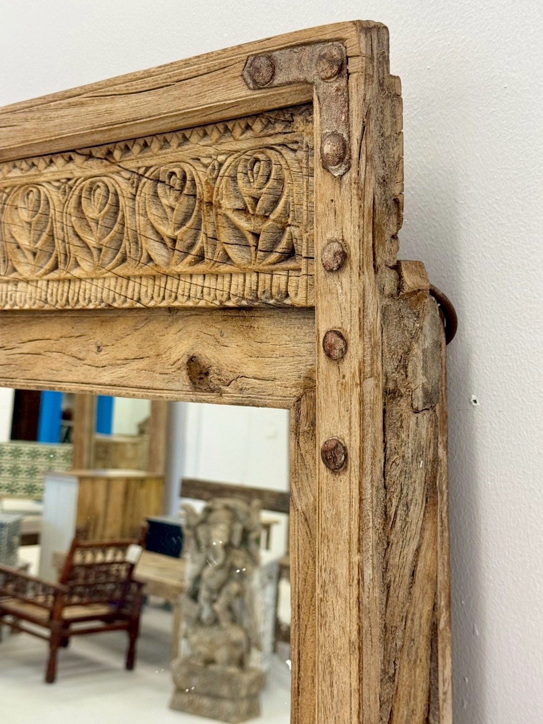 Full Length Wood Carved Frame Mirror – Rustic Long Frame Mirror with Vintage Detail - RIVO HOMES