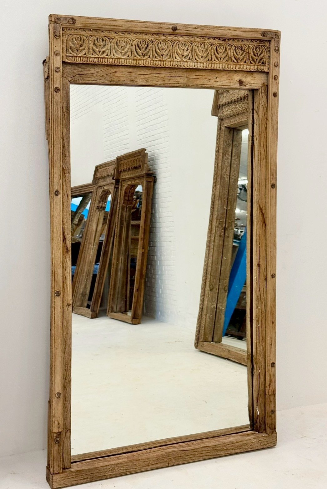 Full Length Wood Carved Frame Mirror – Rustic Long Frame Mirror with Vintage Detail - RIVO HOMES