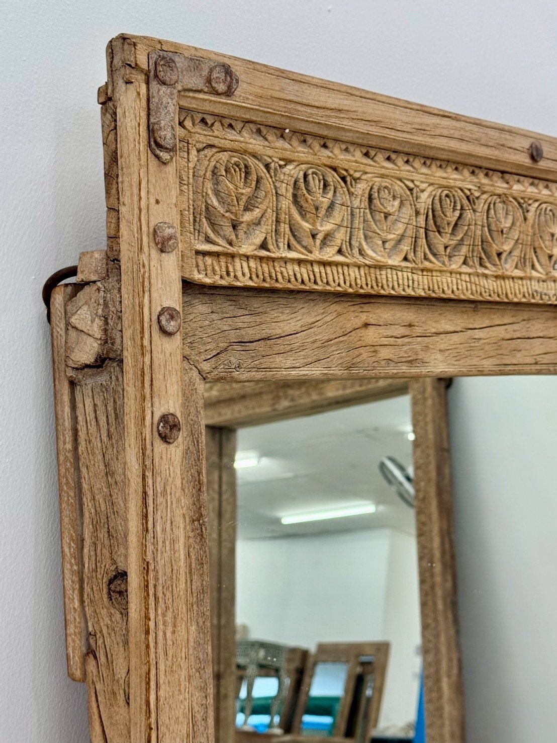 Full Length Wood Carved Frame Mirror – Rustic Long Frame Mirror with Vintage Detail - RIVO HOMES