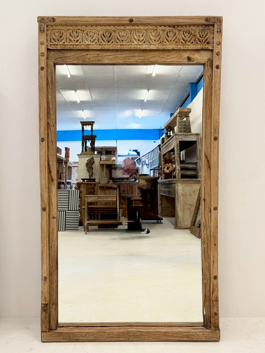 Full Length Wood Carved Frame Mirror – Rustic Long Frame Mirror with Vintage Detail - RIVO HOMES
