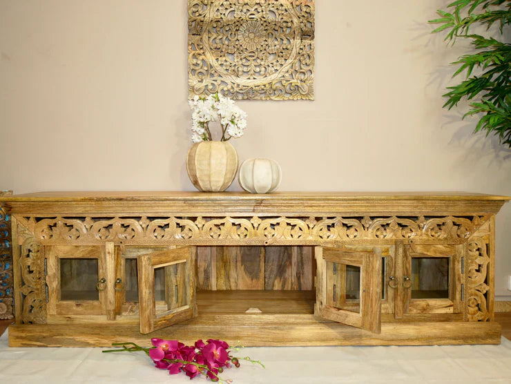 hand carved tv unit, solid mango wood tv stand, glossy timber tv unit, natural wood media console, openwork carved tv stand, 6 door tv unit, glass door tv stand, living room tv unit, entertainment center, tv cabinet, carved wood furniture, traditional tv stand, indian carved tv unit, statement media console, large tv stand, storage tv unit, handmade tv console, artisan made tv unit, premium wood furniture, quality wood tv stand, durable tv unit, sturdy media console, timeless tv stand, elegant tv unit, gran