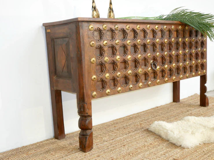 antique indian door console, hand carved console table, reclaimed wood console, brass work console, vintage door table, hall table, entryway console, hallway console, living room console, repurposed door furniture, architectural salvage console, carved wood console, indian antique furniture, heritage console table, unique console table, statement console, decorative console, one of a kind console, handmade console table, artisan made console, traditional indian console, vintage brass console, rustic console