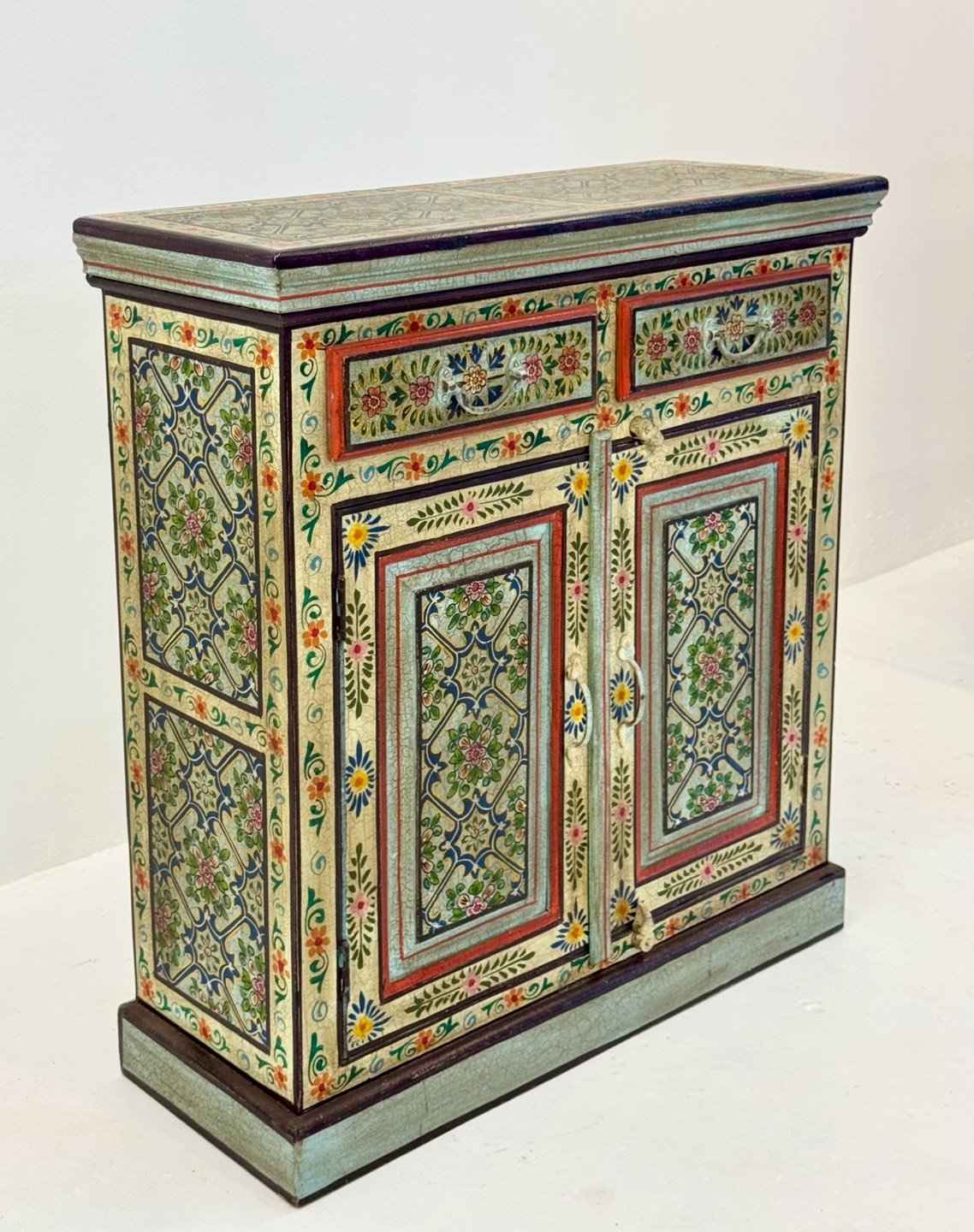 Garden Bliss Hand Painted Cabinet – 89 cm Artisan 2-Door Cabinet with Dual Accent Drawers, Vibrant Floral Court Artistry 89 × 34 × 97 cm - RIVO HOMES