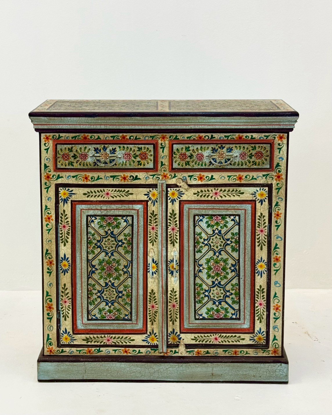 Garden Bliss Hand Painted Cabinet – 89 cm Artisan 2-Door Cabinet with Dual Accent Drawers, Vibrant Floral Court Artistry 89 × 34 × 97 cm - RIVO HOMES
