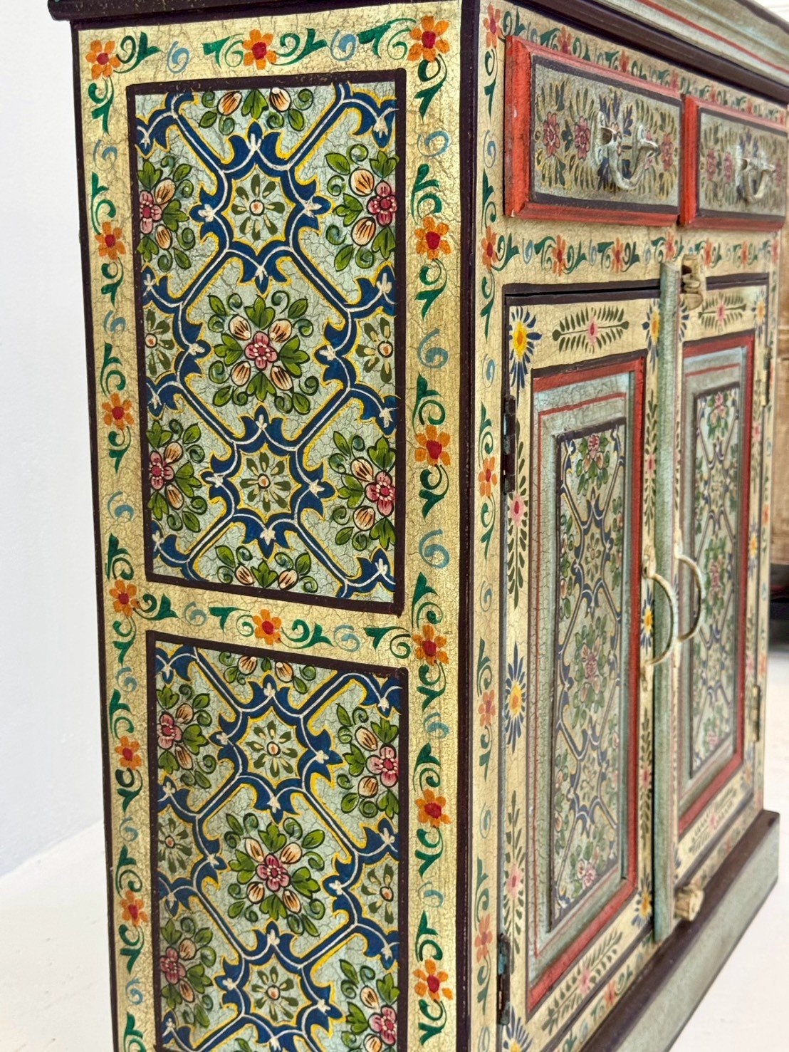 Garden Bliss Hand Painted Cabinet – 89 cm Artisan 2-Door Cabinet with Dual Accent Drawers, Vibrant Floral Court Artistry 89 × 34 × 97 cm - RIVO HOMES