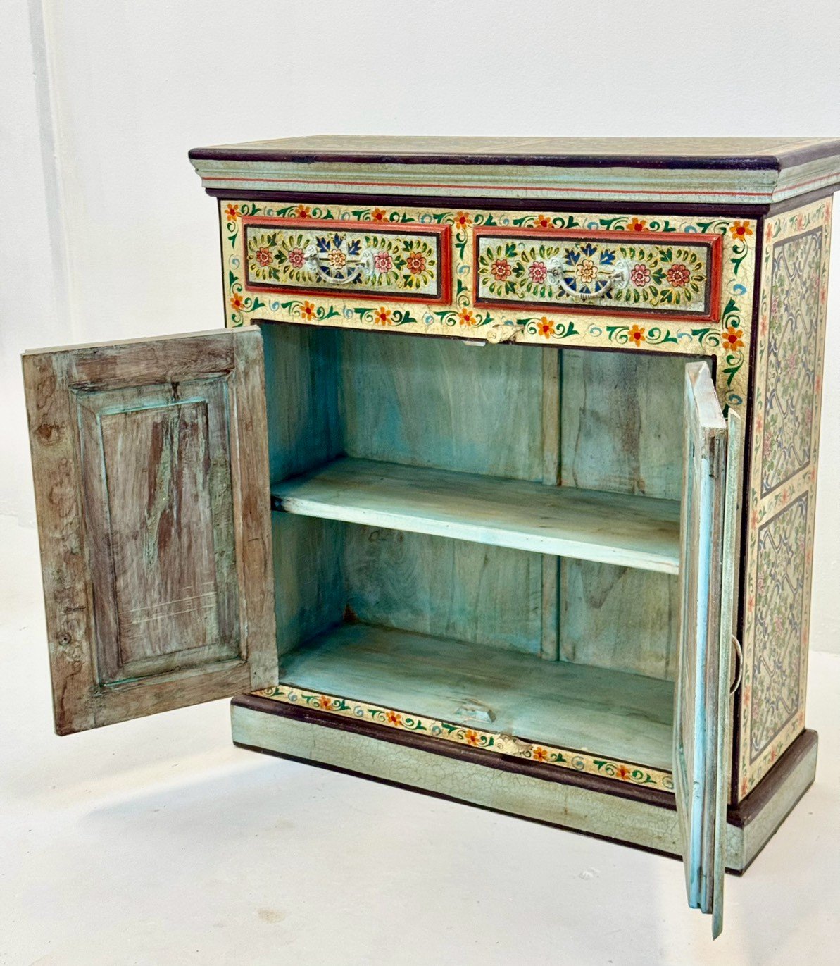 Garden Bliss Hand Painted Cabinet – 89 cm Artisan 2-Door Cabinet with Dual Accent Drawers, Vibrant Floral Court Artistry 89 × 34 × 97 cm - RIVO HOMES