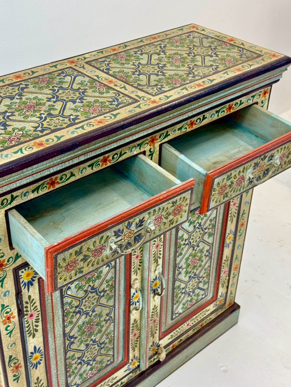 Garden Bliss Hand Painted Cabinet – 89 cm Artisan 2-Door Cabinet with Dual Accent Drawers, Vibrant Floral Court Artistry 89 × 34 × 97 cm - RIVO HOMES