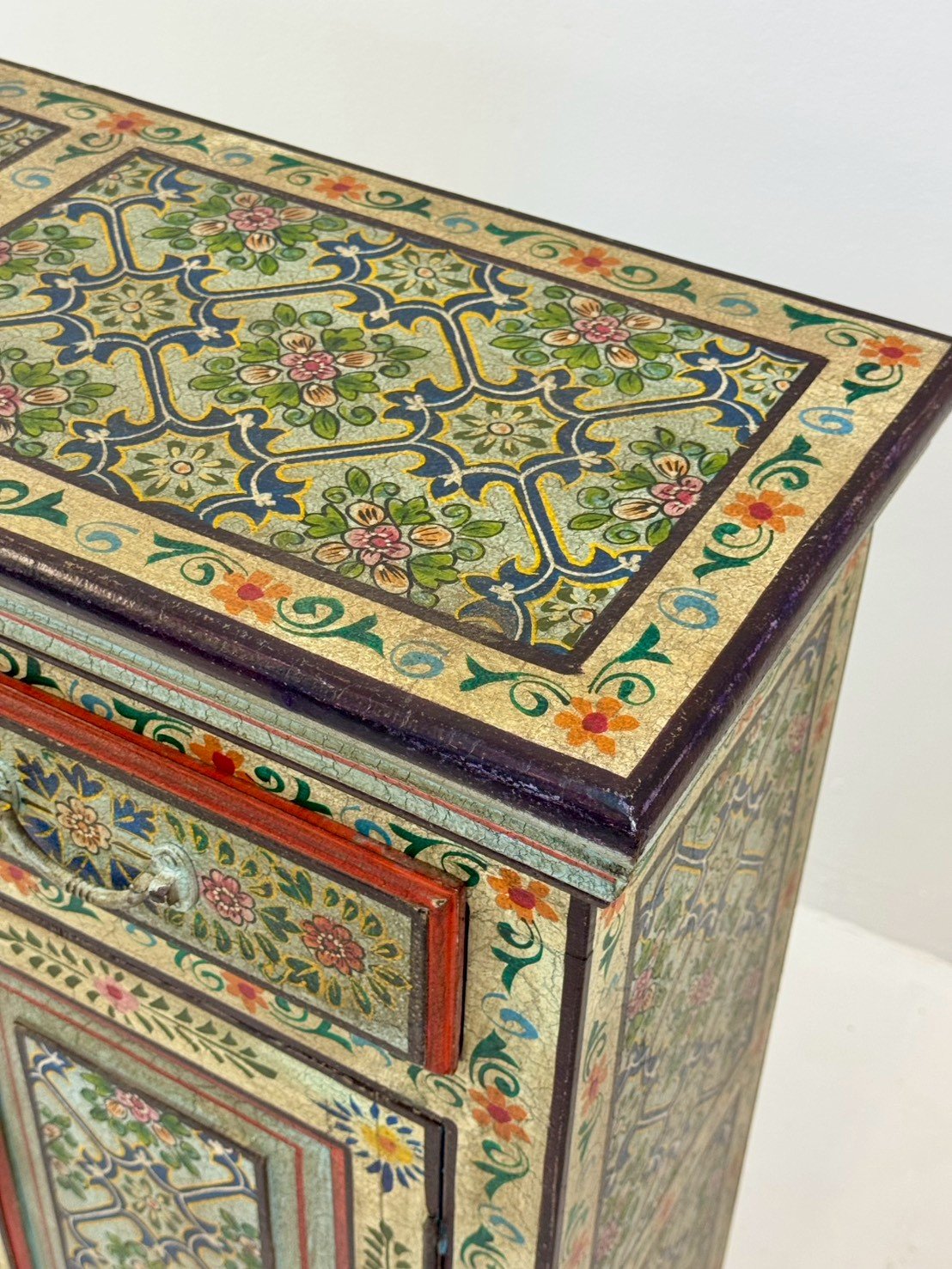 Garden Bliss Hand Painted Cabinet – 89 cm Artisan 2-Door Cabinet with Dual Accent Drawers, Vibrant Floral Court Artistry 89 × 34 × 97 cm - RIVO HOMES