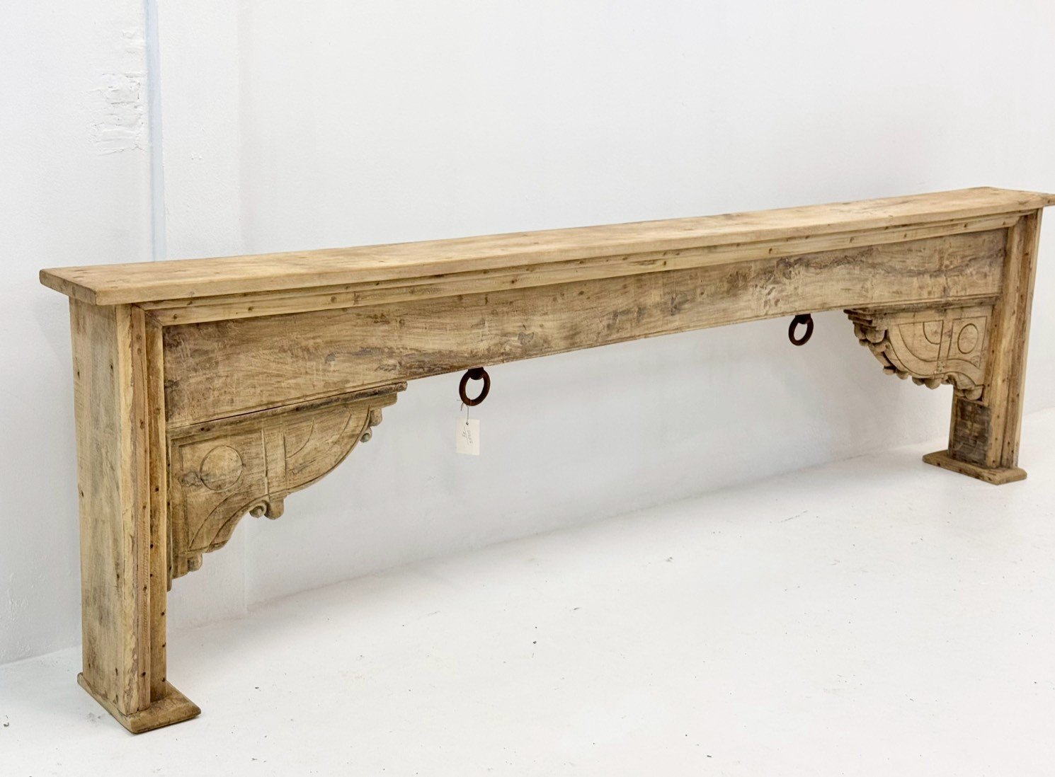Gilhor Antique Console Table 320 cm – Extra-Long Solid Wood Console with Weathered Light-Washed Finish, Block Legs, Dark Iron Ring Accents, Rustic Architectural Design for Entryways & Grand Corridors - RIVO HOMES