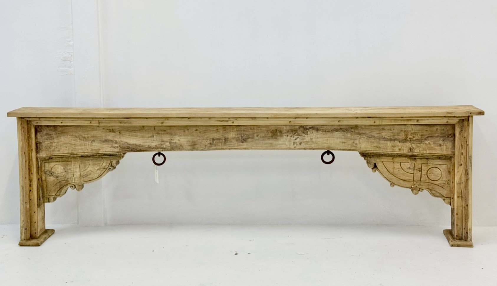 Gilhor Antique Console Table 320 cm – Extra-Long Solid Wood Console with Weathered Light-Washed Finish, Block Legs, Dark Iron Ring Accents, Rustic Architectural Design for Entryways & Grand Corridors - RIVO HOMES