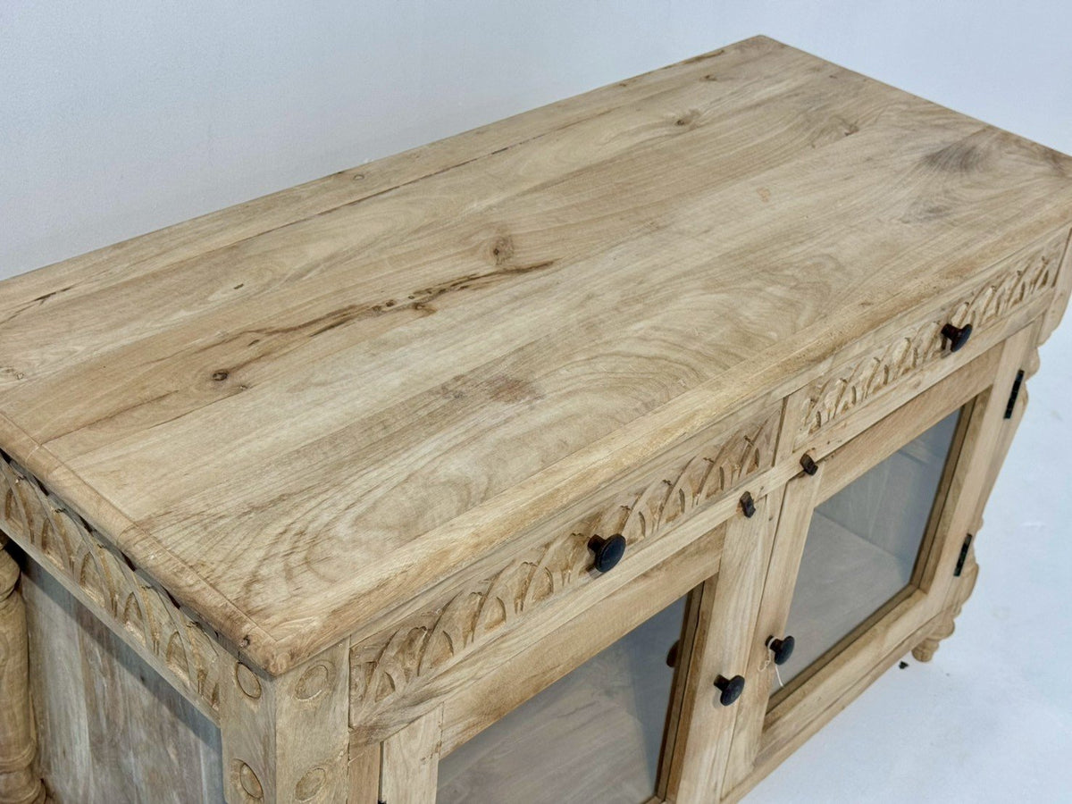 Glass Door with Drawers Buffet – Teak Glass Wood Cabinet with Display Showcase & Lower Storage W120 x D52 x H73 cm - RIVO HOMES