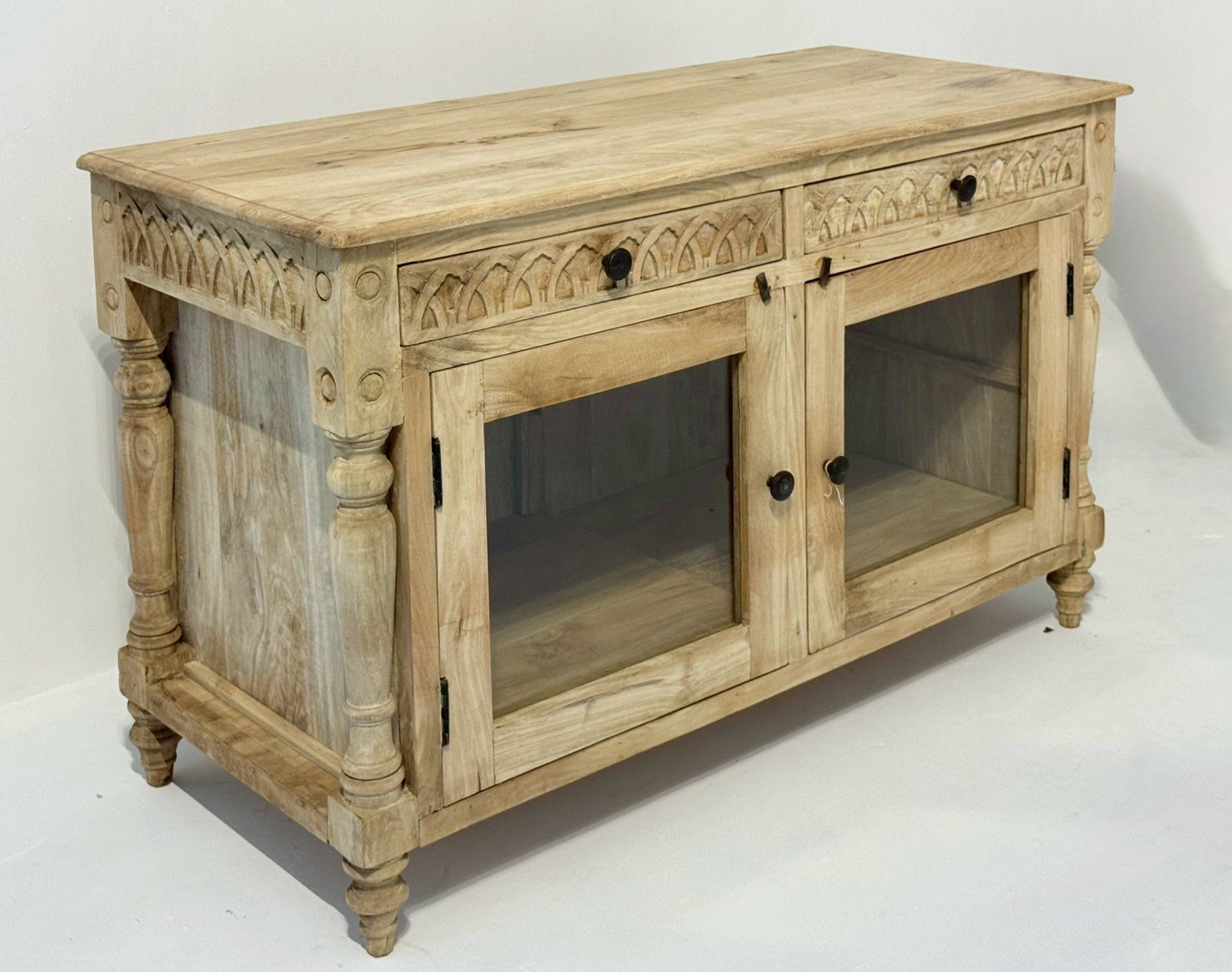 Glass Door with Drawers Buffet – Teak Glass Wood Cabinet with Display Showcase & Lower Storage W120 x D52 x H73 cm - RIVO HOMES
