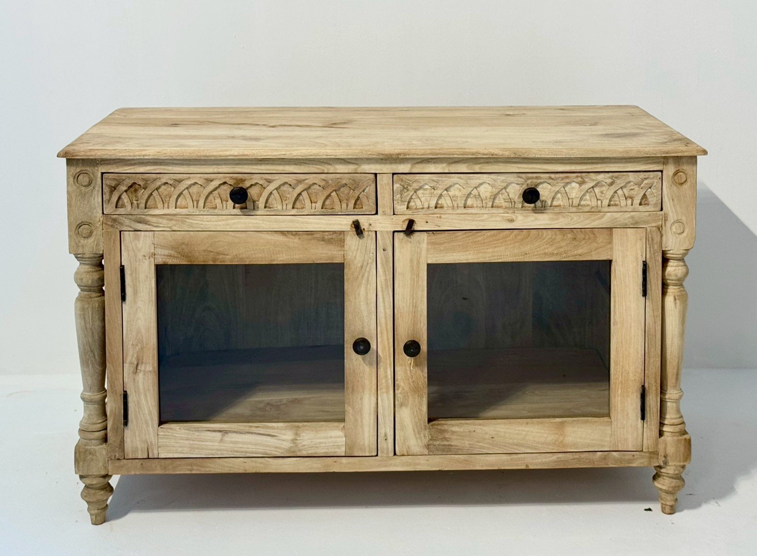 Glass Door with Drawers Buffet – Teak Glass Wood Cabinet with Display Showcase & Lower Storage W120 x D52 x H73 cm - RIVO HOMES