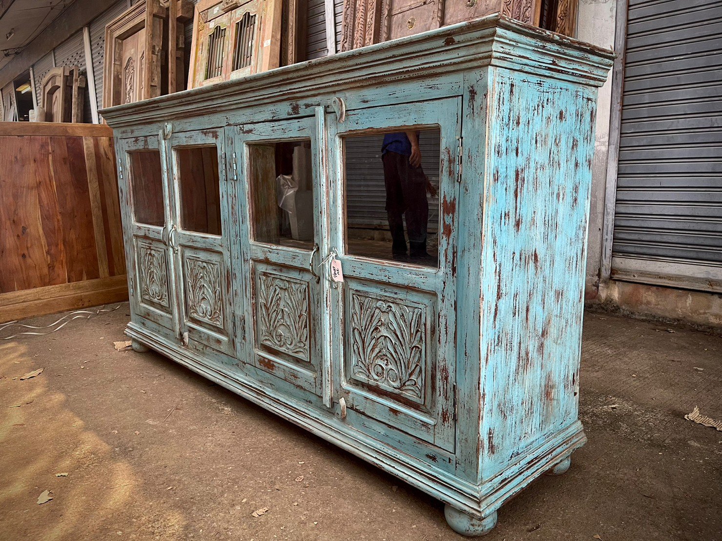 Glass Paneled Handcarved Door Sideboard – Carved Design Sideboard in Distressed Blue Wood W180 x D46 x H97 cm - RIVO HOMES