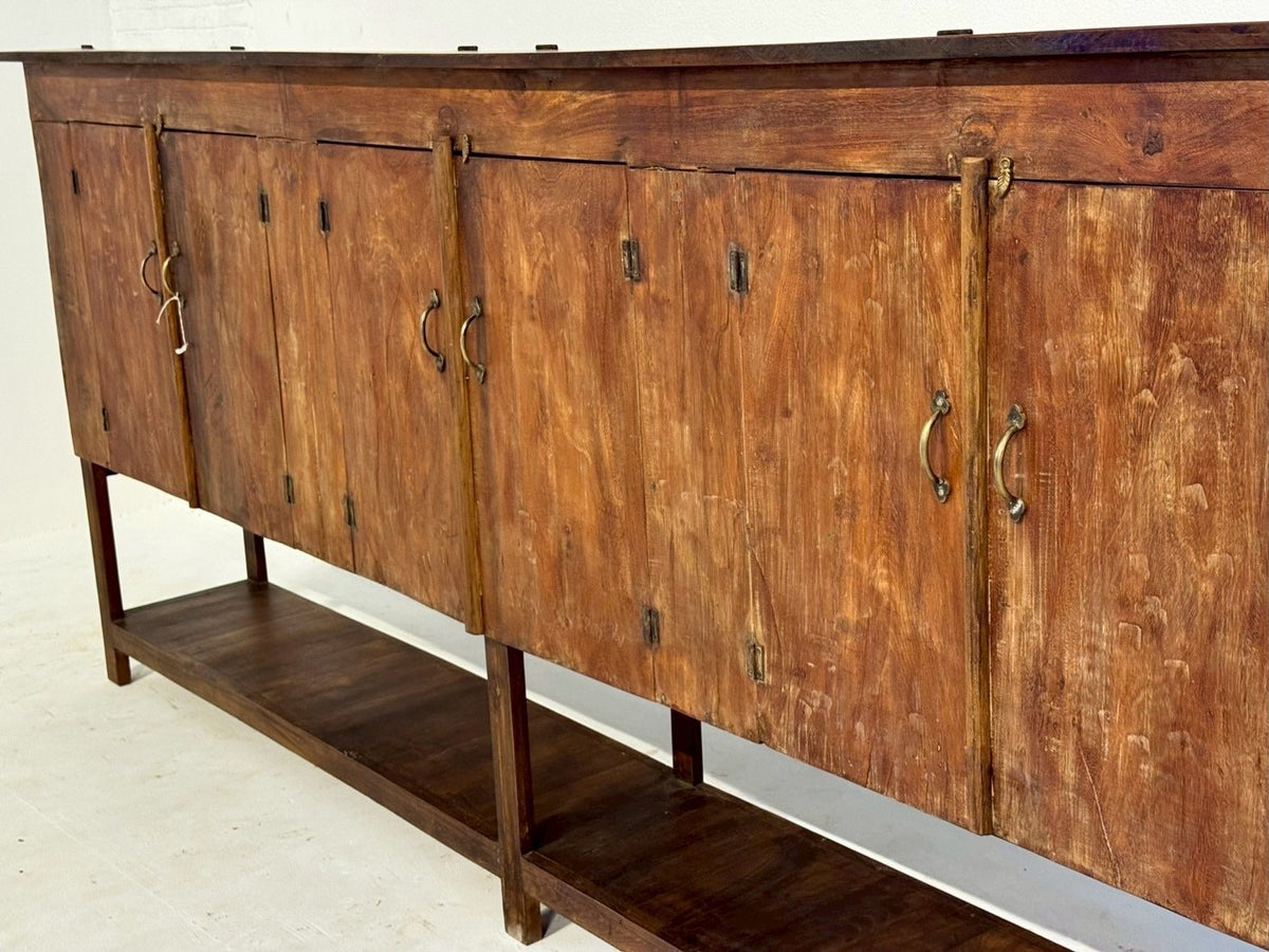 Glass Shelves Display Sideboard – Designer Sideboard with Vintage Rustic Finish W268 x D33 x H115 cm - RIVO HOMES